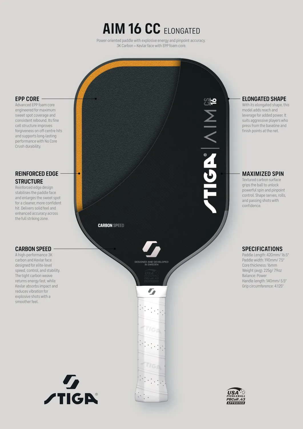 STIGA Aviox raquette pickleball AIM Elongated fibre de verre