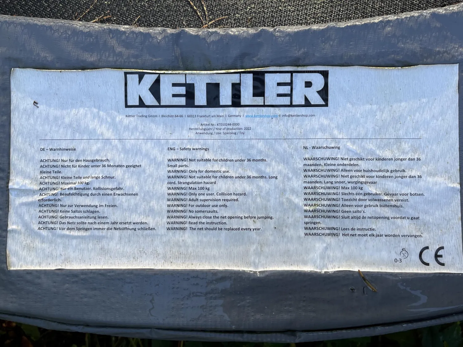 Kettler Fun Jump Trampoline extérieur 244 cm filet 100 kg